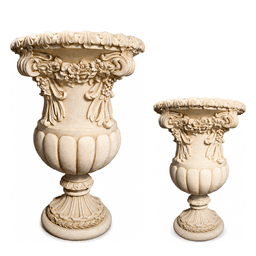 Classical Floral Relief Pedestal Garden Urn Planter in two sizes on white background