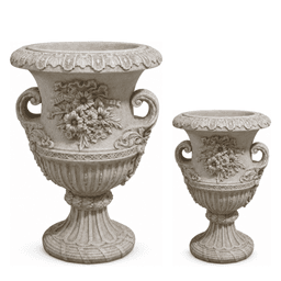 Classical European floral-relief pedestal urn planter, B-255L and B-255M size comparison on white background