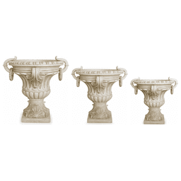 Classical double-handle pedestal garden urn planter, B-418L, B-418M and B-418V size comparison on white background