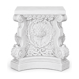 Pedestal de jardín con relieve barroco de cesta de flores sobre fondo blanco
