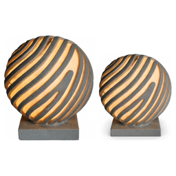 Illuminated wave-pattern sphere garden light sculpture, I-010L and I-010M size comparison on white background