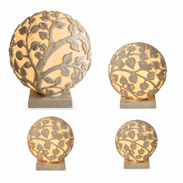 Illuminated openwork foliage sphere garden light sculpture, I-191V, I-191M, I-191L and I-191XL size comparison on white background
