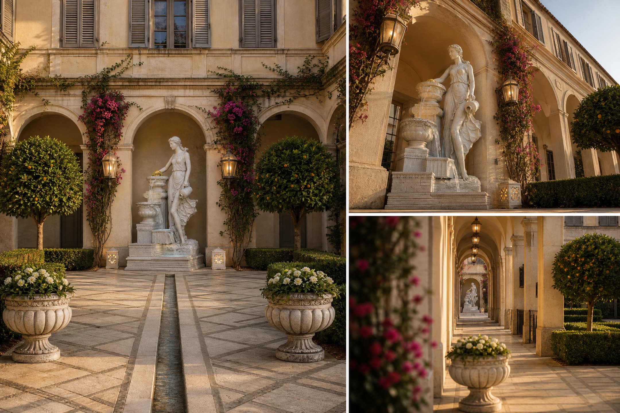 Hotel Central Courtyard — loggia-statue (day)