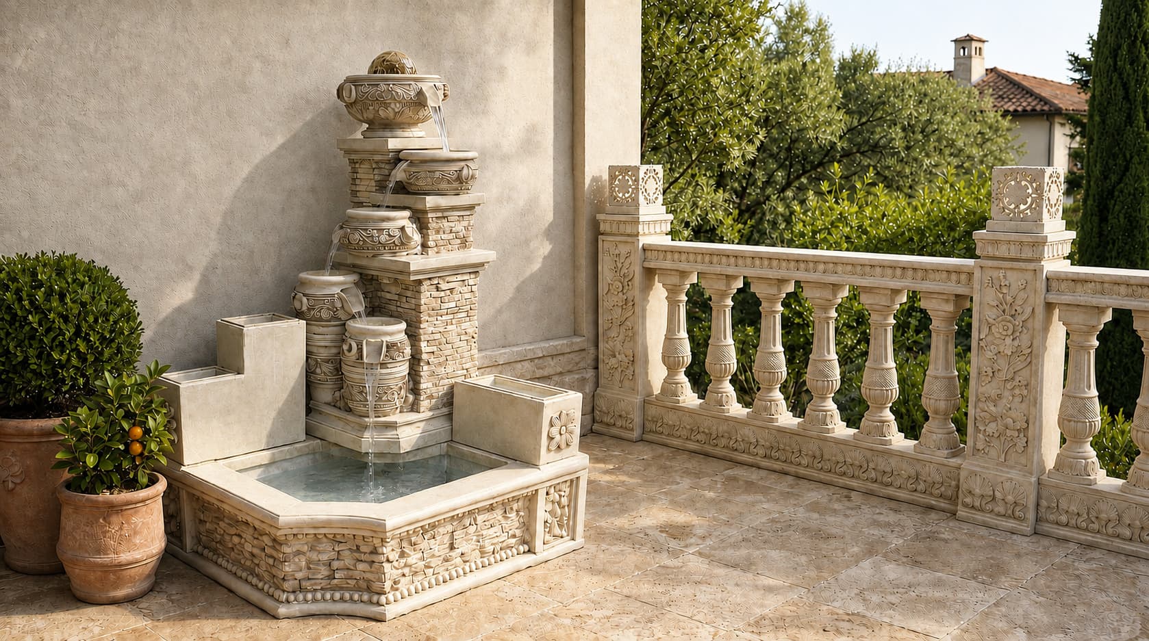 Classical Multi-Tier Cascading Garden Fountain with Reservoir with Classical Floral Relief Straight Balustrade and Stone-Effect Openwork Floral Garden Lantern