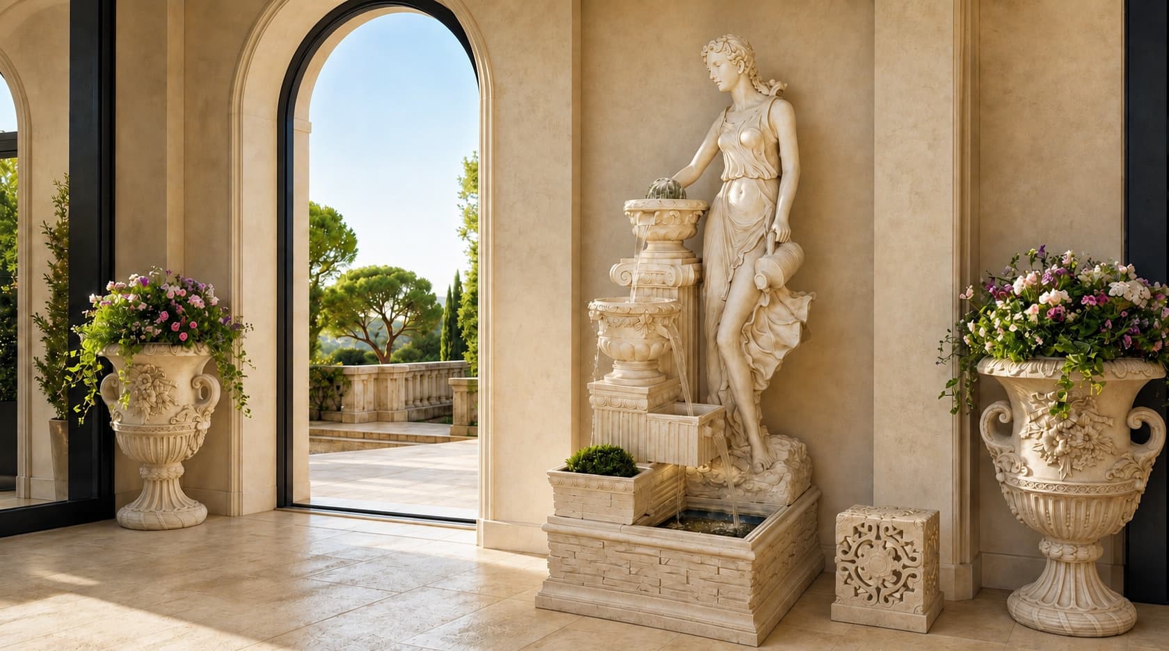 Classical Lady Statue Cascading Garden Fountain with Classical European Floral Relief Pedestal Urn Planter and Stone-Effect Openwork Floral Garden Lantern