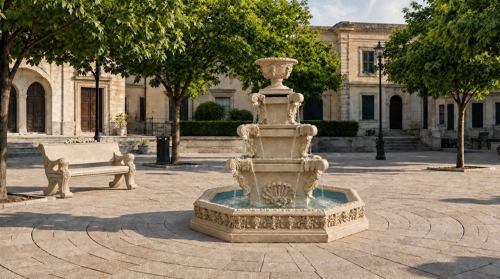 Classical European Tiered Illuminated Garden Fountain with Classical European Ornamental Cast-Stone Garden Bench