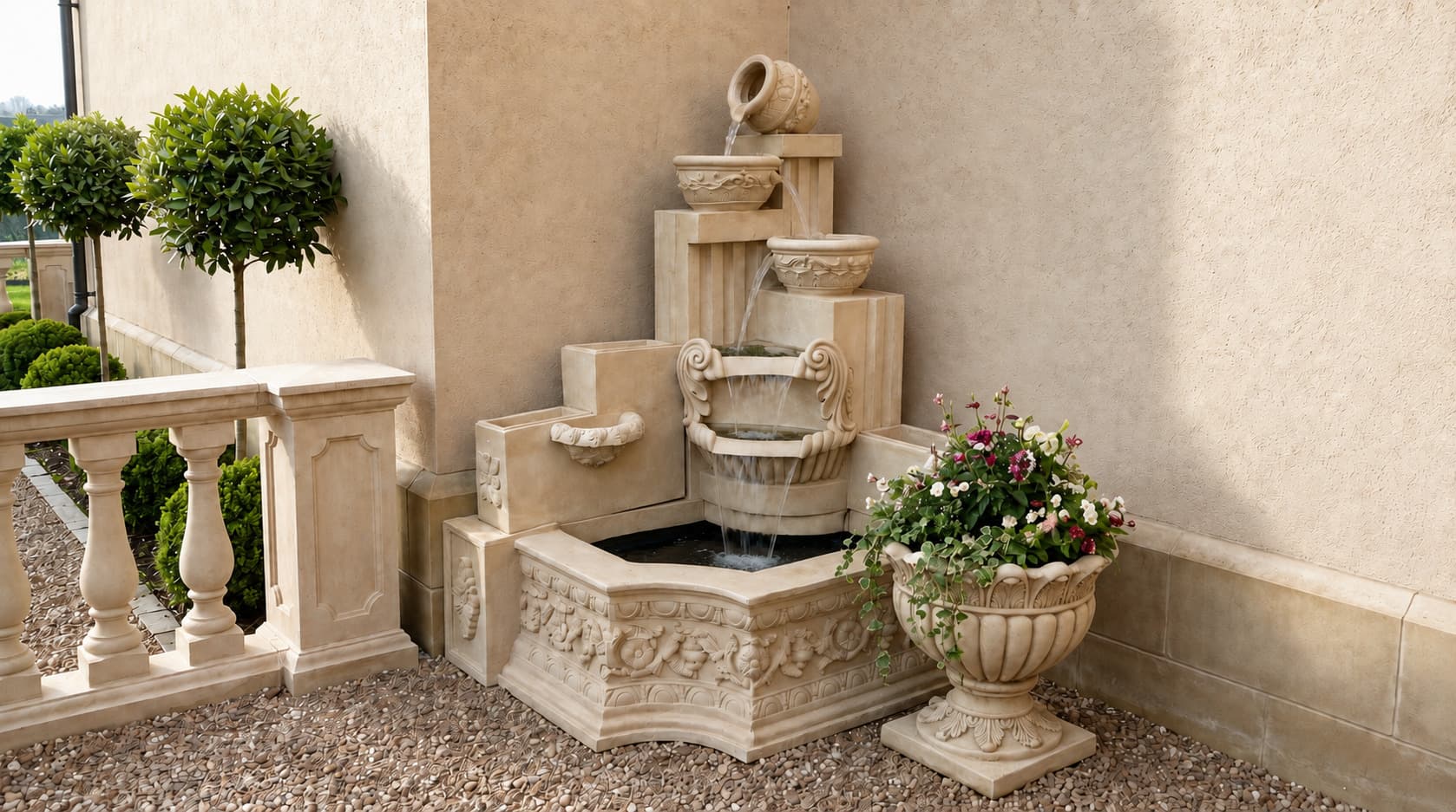 Classical Multi-Tier Urn Cascading Garden Fountain with Classical Ornamental Pedestal Urn Planter