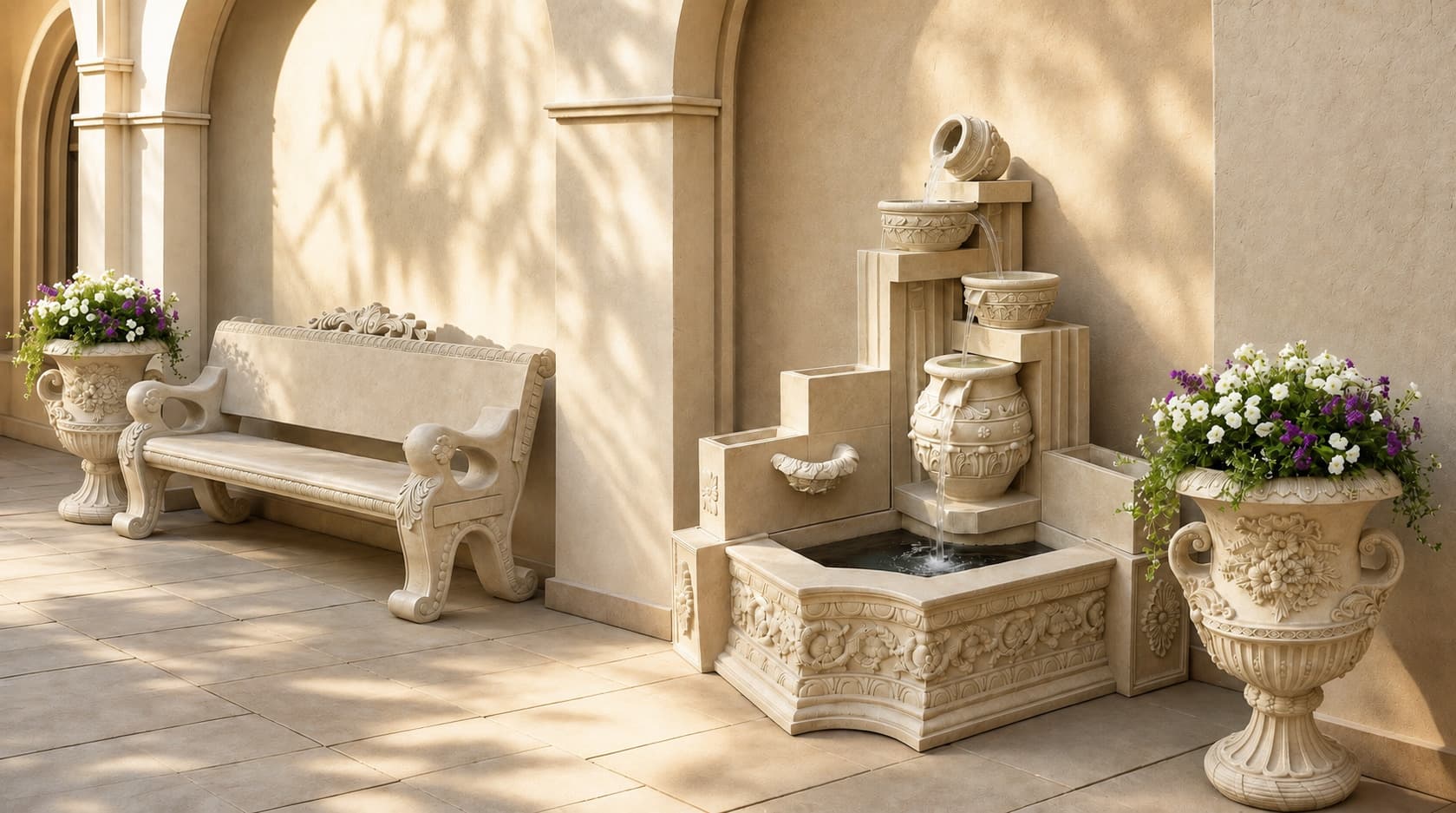 Classical European-Style Illuminated Tiered Urn Fountain with Classical European Ornamental Cast-Stone Garden Bench and Classical European Floral Relief Pedestal Urn Planter