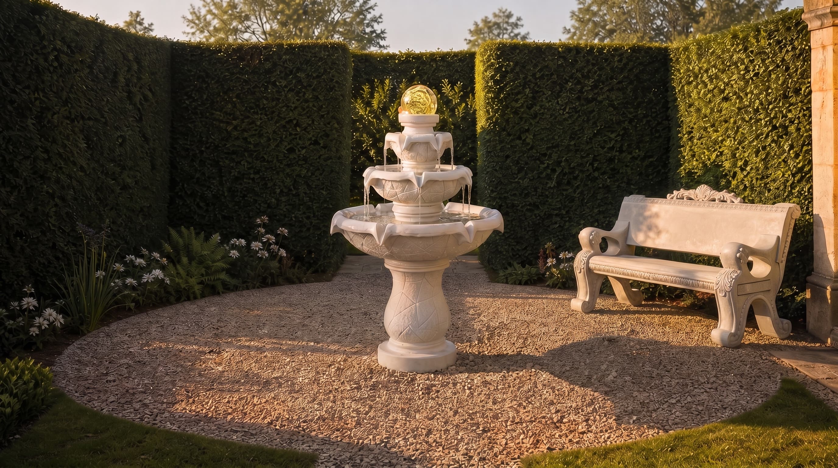Three-Tier Illuminated Crystal Ball Garden Fountain with Classical European Ornamental Cast-Stone Garden Bench