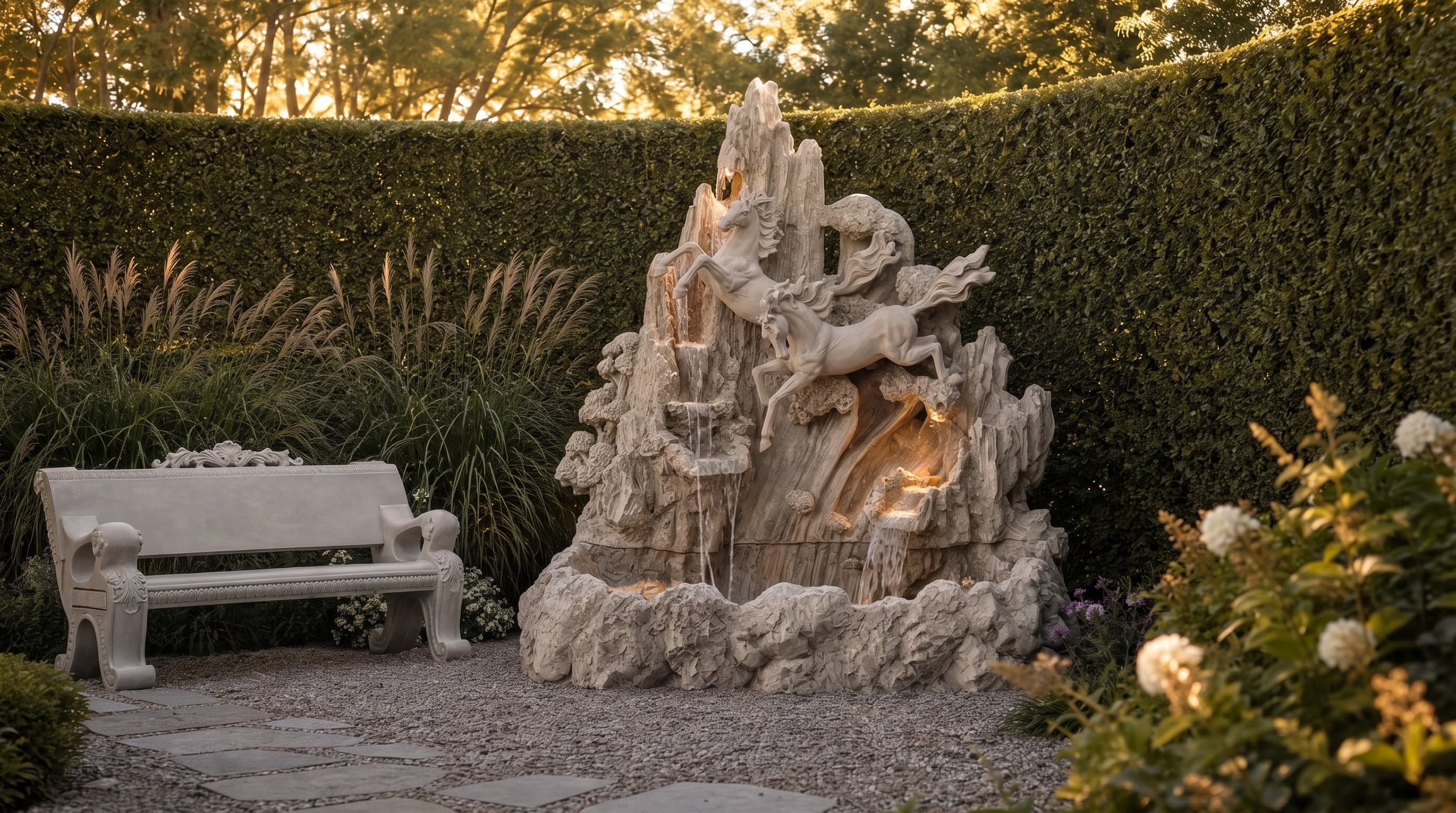 Illuminated Galloping Horses Rockery Waterfall Fountain with Classical European Ornamental Cast-Stone Garden Bench