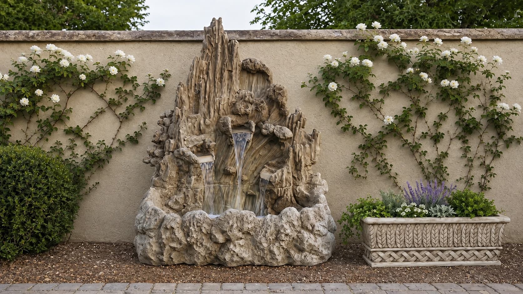 Large Artificial Rockery Waterfall Fountain with Classical Leaf-Relief Rectangular Garden Planter installed on site