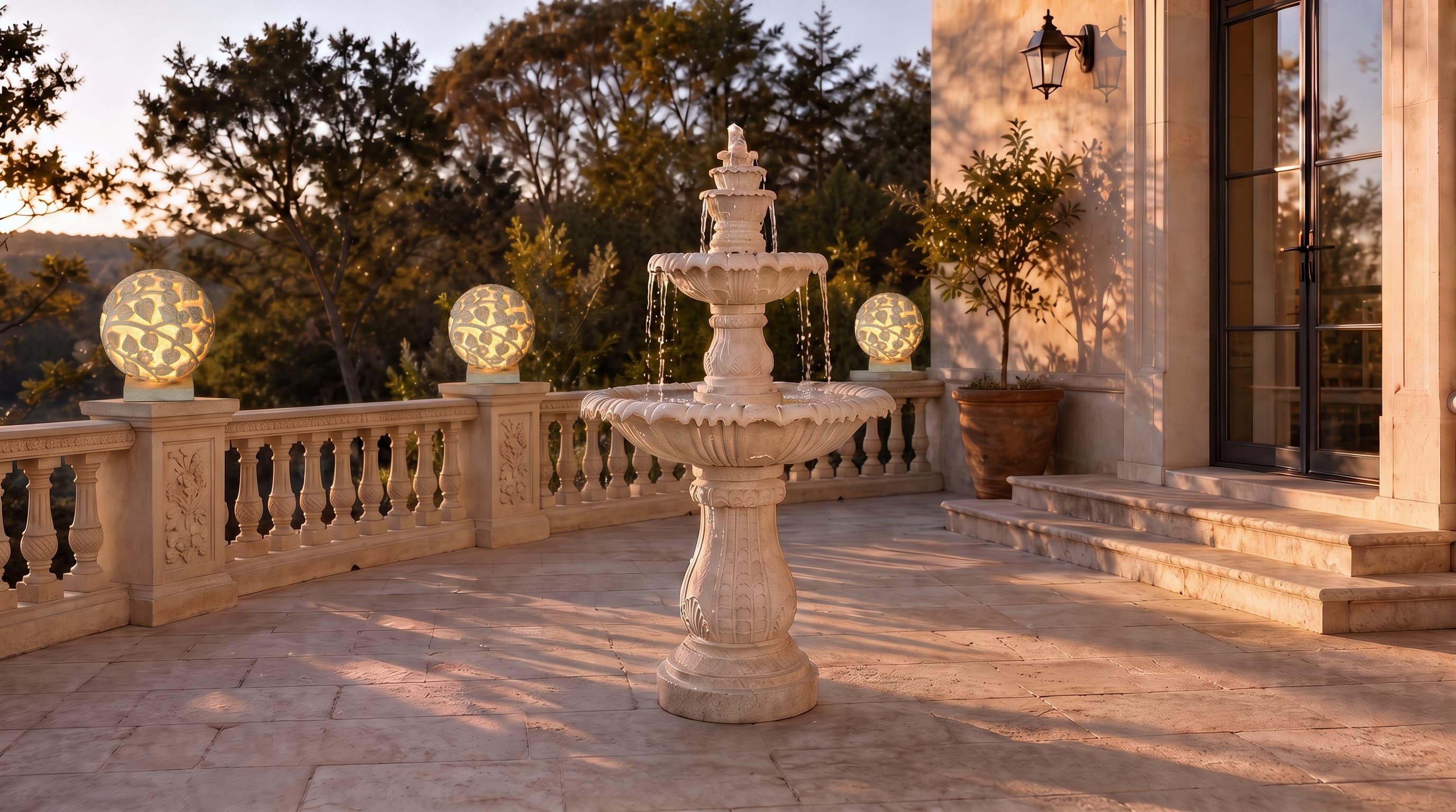 Classical European Multi-Tier Garden Fountain with Classical Floral Relief Straight Balustrade and Illuminated Openwork Foliage Sphere Garden Light Sculpture