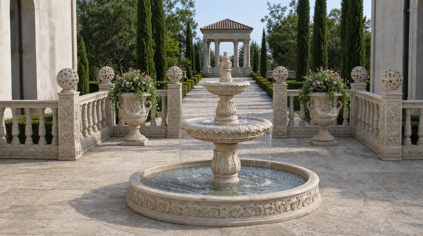 Classical Three-Tier Carved Garden Fountain with Classical Floral Relief Straight Balustrade, Illuminated Openwork Foliage Sphere Garden Light Sculpture and Classical European Floral Relief Pedestal Urn Planter installed on site
