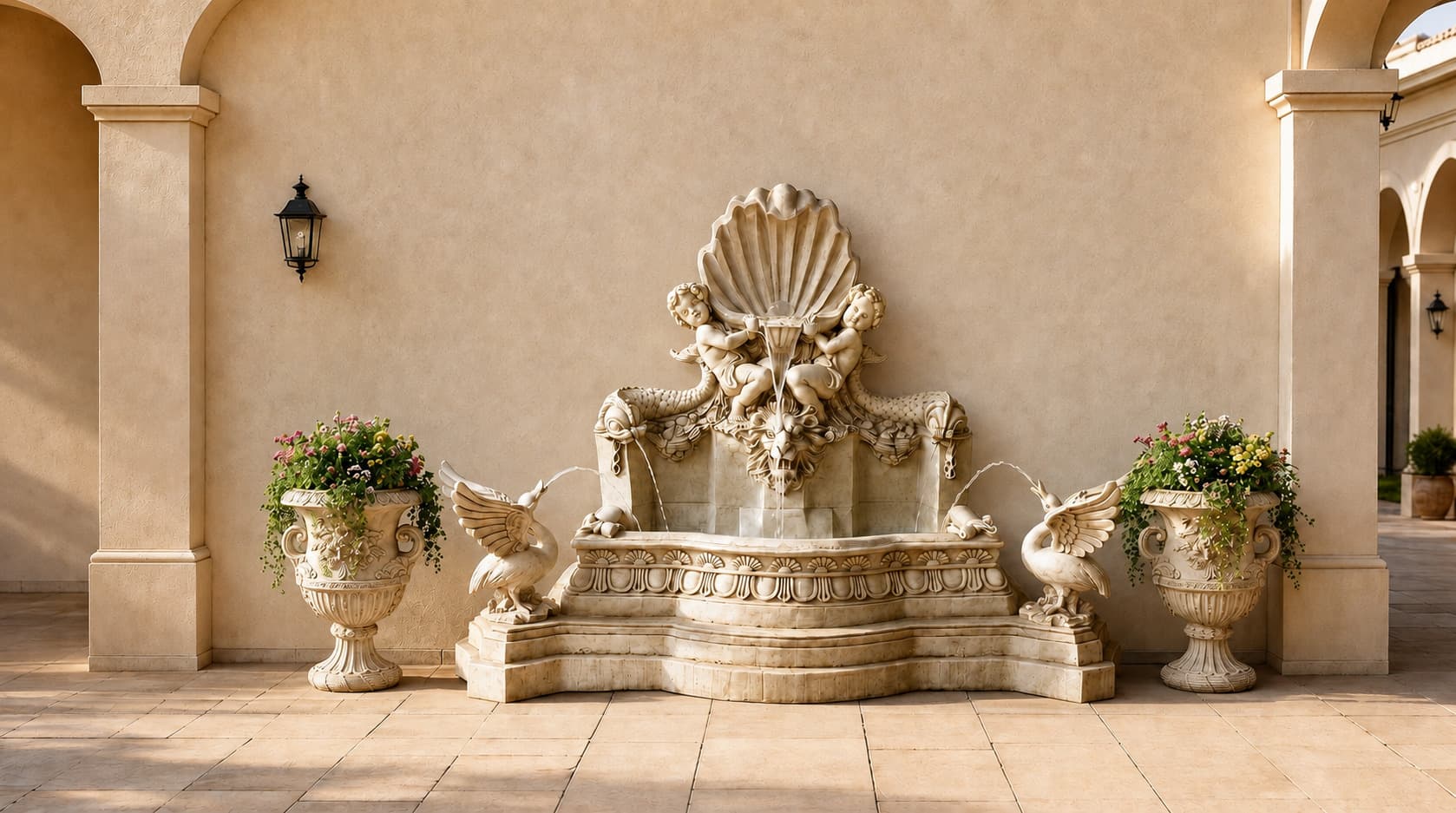 European Classical Cherub, Shell and Swan Wall Fountain Sculpture with Classical European Floral Relief Pedestal Urn Planter