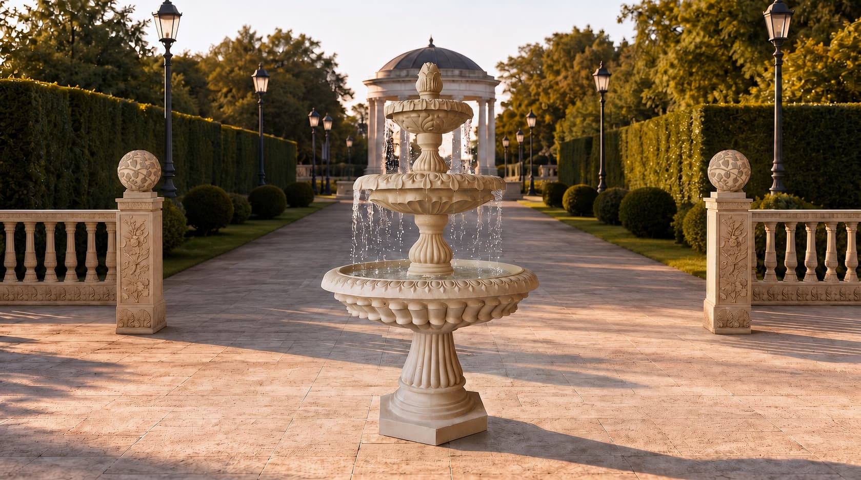 Classical Three-Tier Carved Garden Fountain with Classical Floral Relief Straight Balustrade and Illuminated Openwork Foliage Sphere Garden Light Sculpture