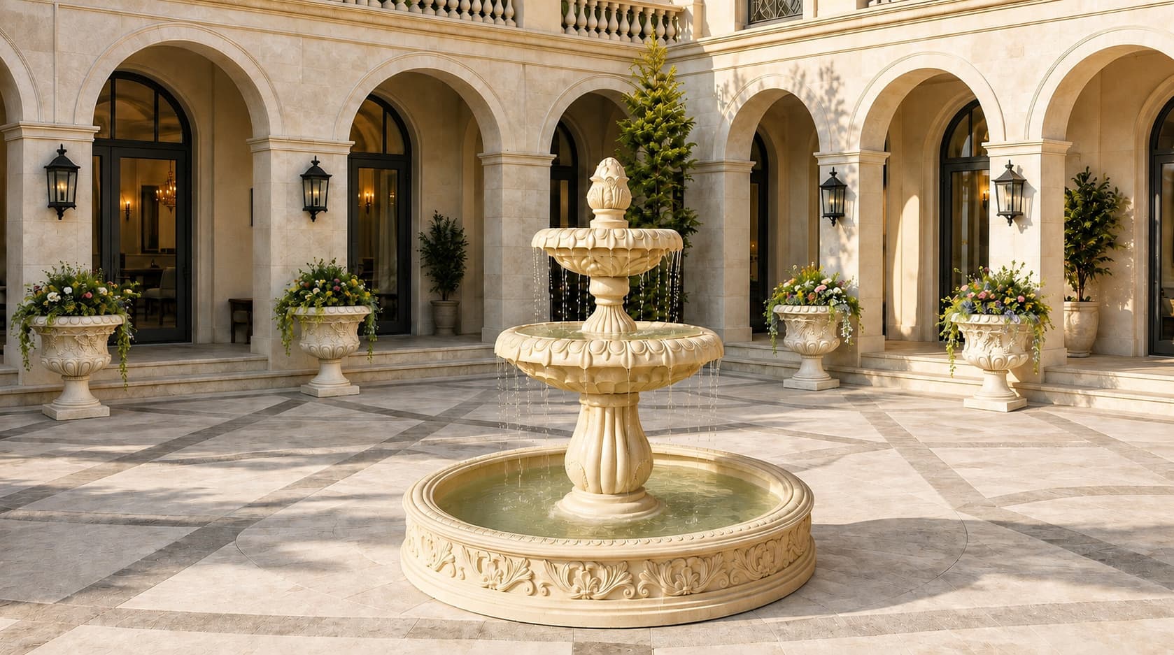 Classical European Two-Tier Cascading Garden Fountain with Classical Grape Vine Relief Pedestal Garden Urn Planter