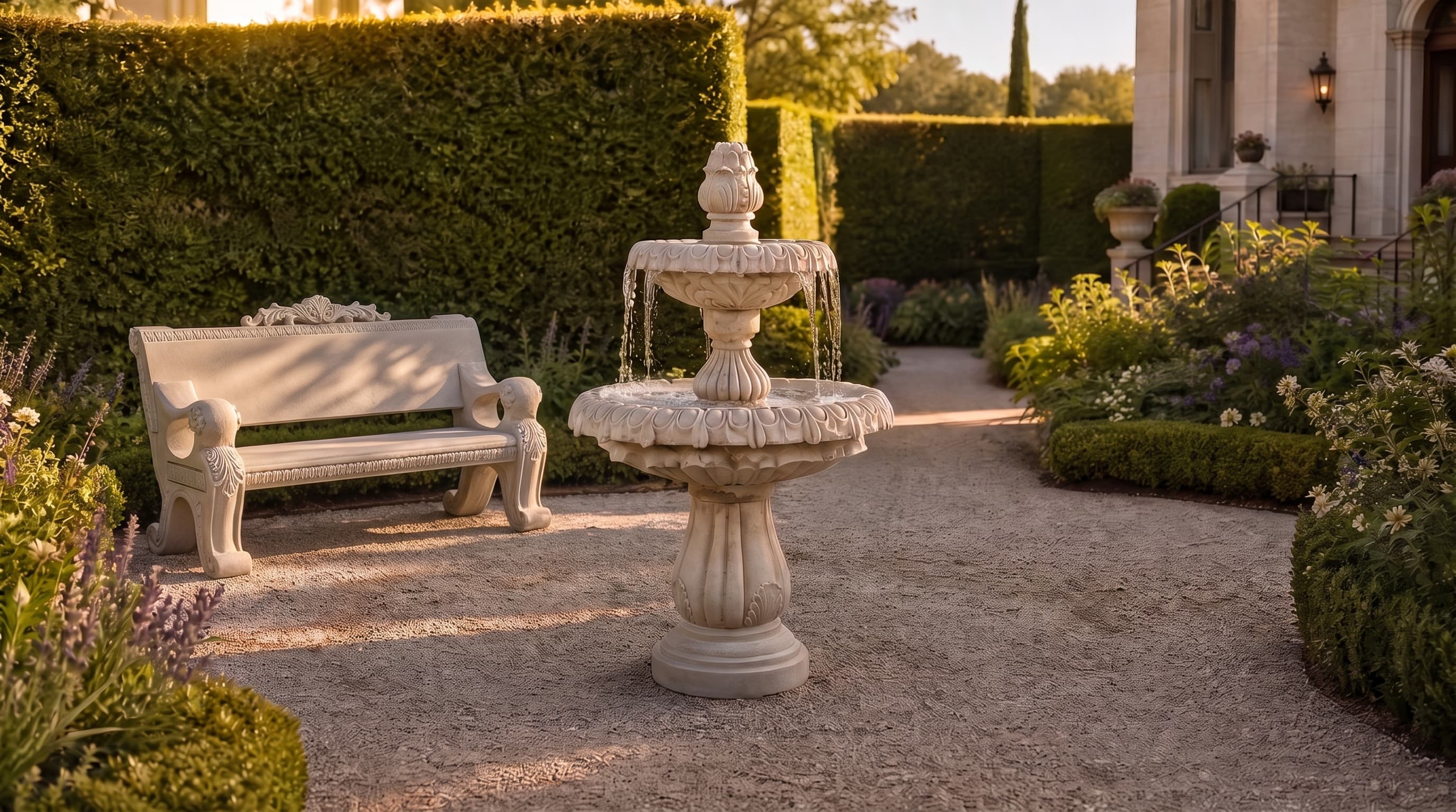 Classical Two-Tier Stone-Style Garden Fountain with Classical European Ornamental Cast-Stone Garden Bench