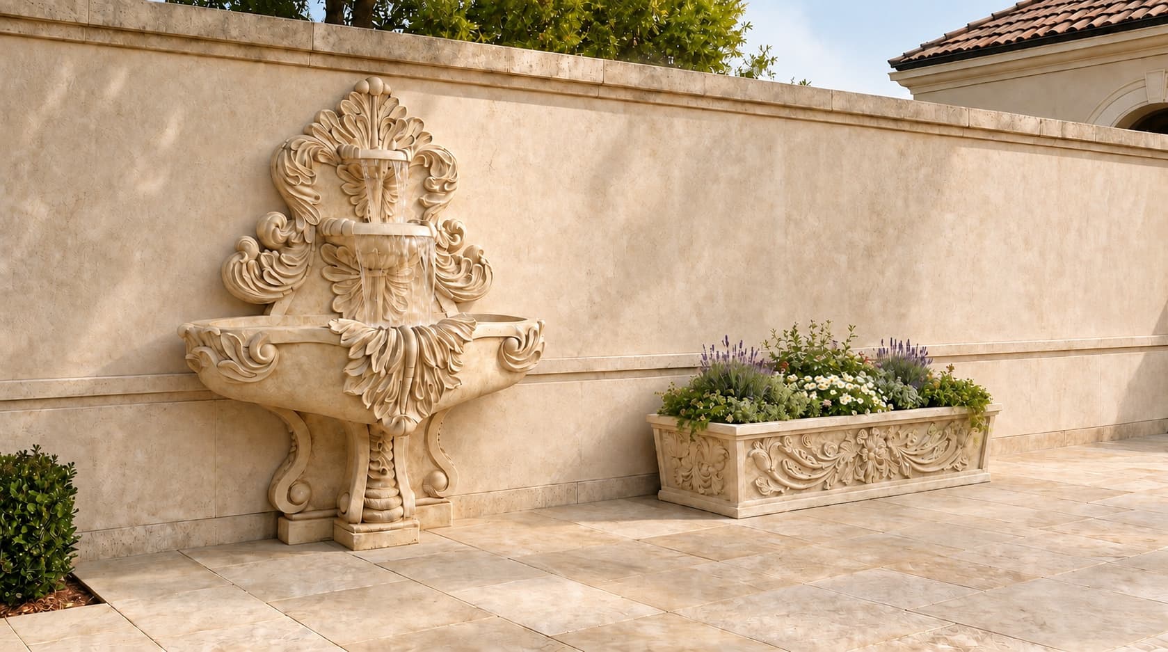 Baroque Acanthus Two-Tier Wall Fountain with Classical Floral Relief Rectangular Garden Planter