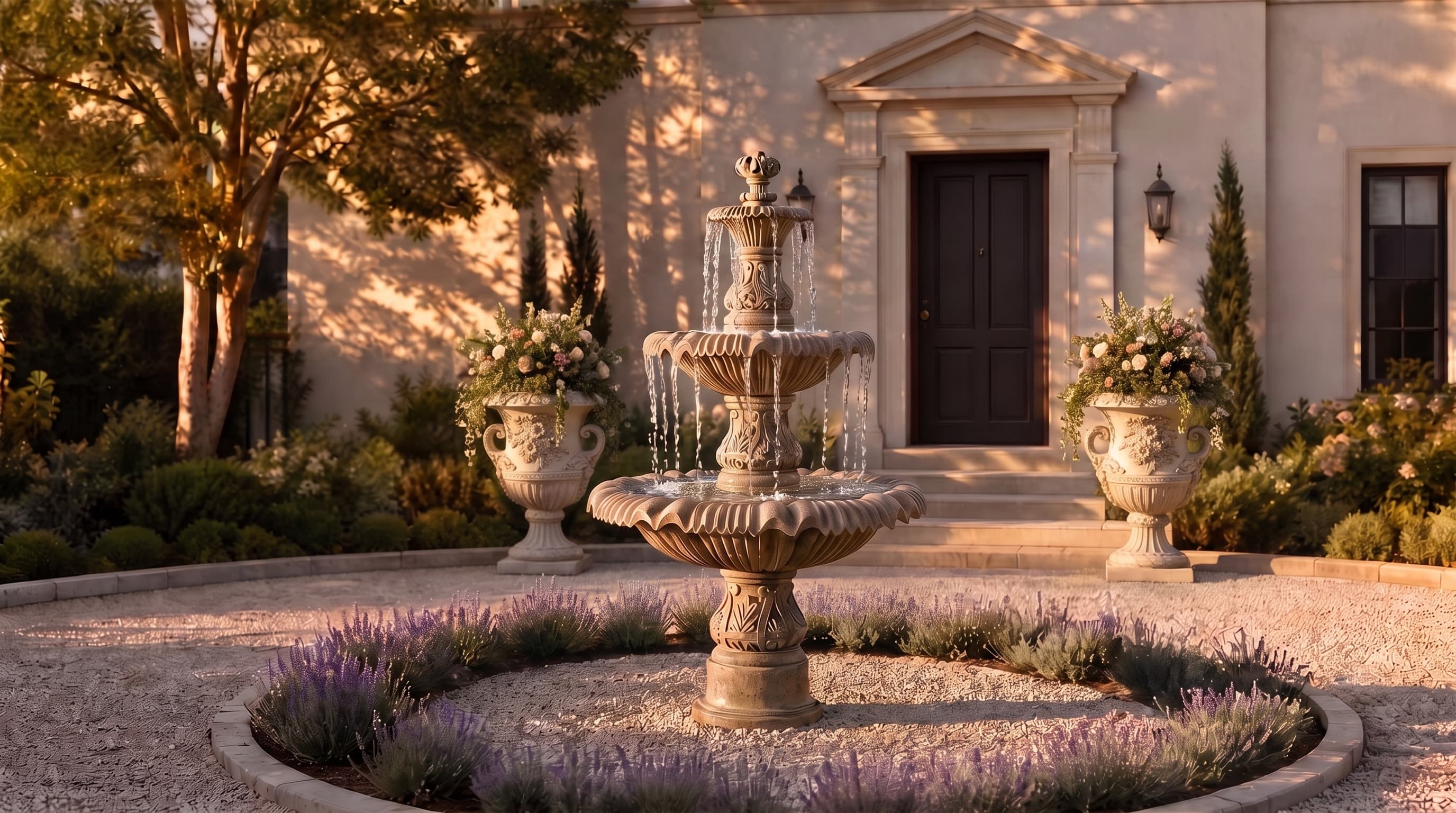 Classical European Three-Tier Garden Fountain with Classical European Floral Relief Pedestal Urn Planter