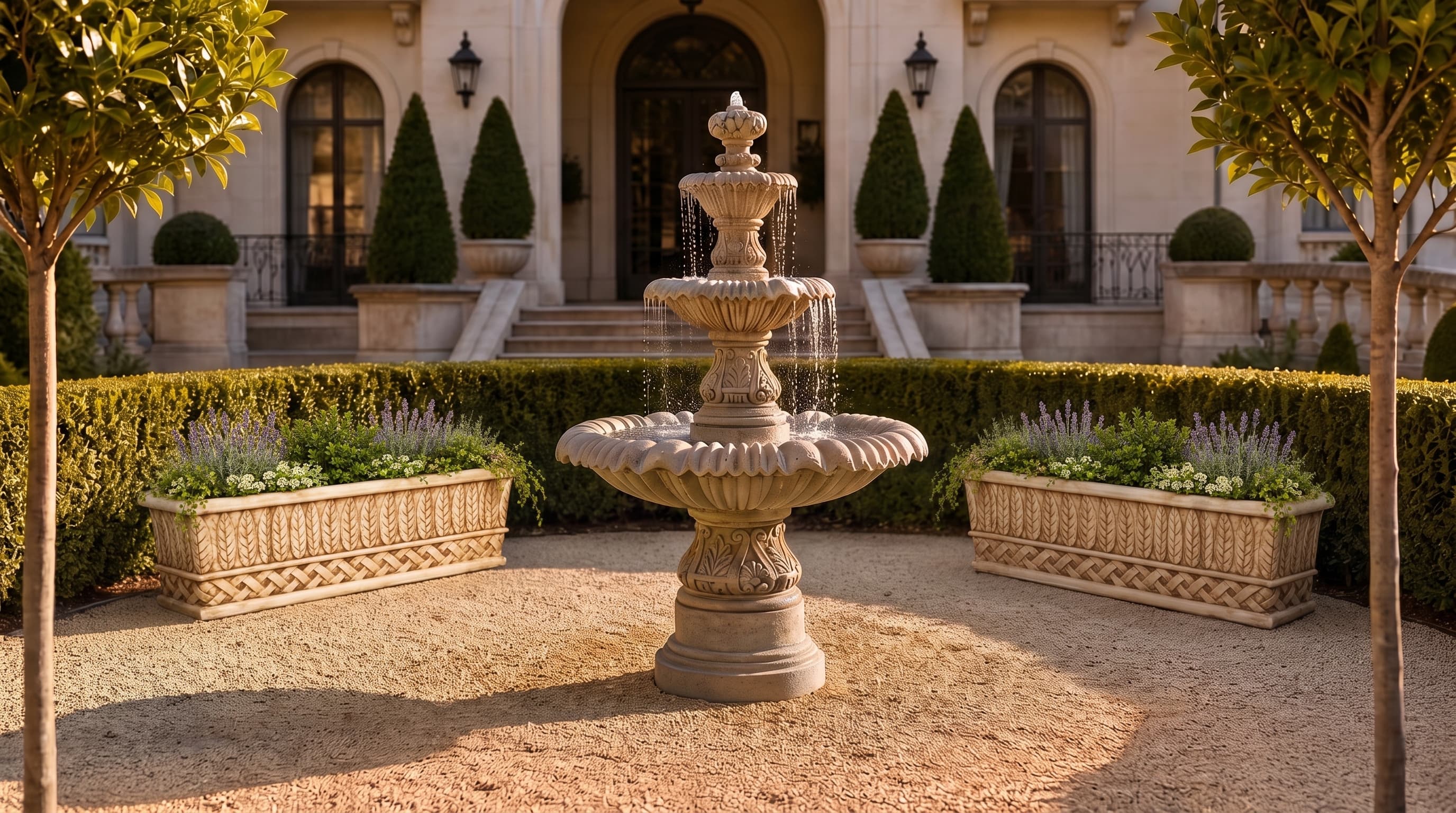 Classical European Three-Tier Garden Fountain with Classical Leaf-Relief Rectangular Garden Planter installed on site